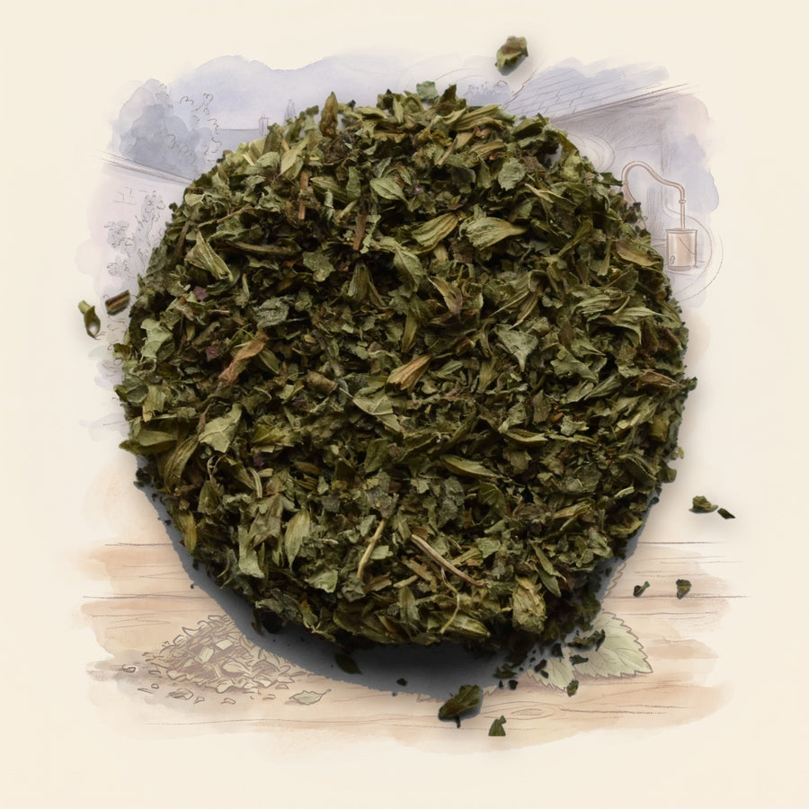 Lemon Balm, Organic loose leaf tea, shown over a chalk-and-watercolour illustration