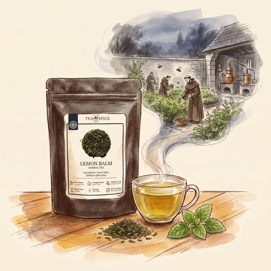 Illustration of Lemon Balm, Organic in The Tea & Spice Shoppe pouch, with Paris in 1611