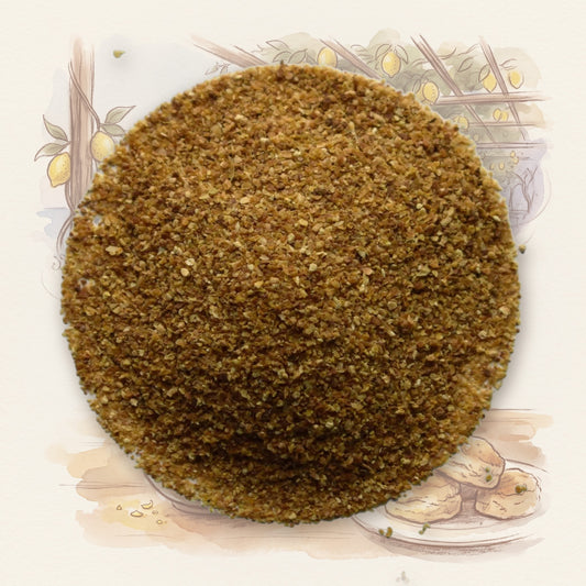 Lemon Peel, Granule spice, shown over a chalk-and-watercolour illustration