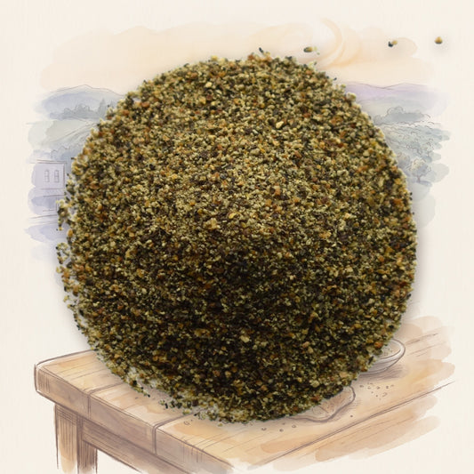 Pepper, Lemon, Ground spice, shown over a chalk-and-watercolour illustration