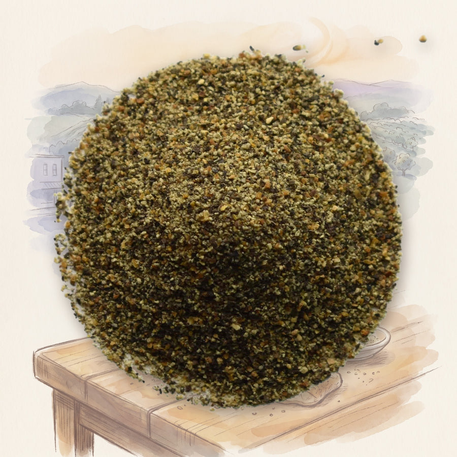 Pepper, Lemon, Ground spice, shown over a chalk-and-watercolour illustration