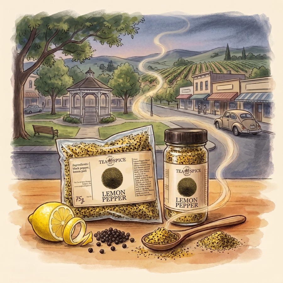 Illustration of Pepper, Lemon, Ground in The Tea & Spice Shoppe bag and jar, with Healdsburg in California's Sonoma County in 1967