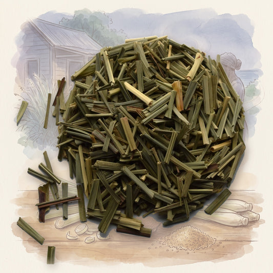 Lemongrass, Organic loose leaf tea, shown over a chalk-and-watercolour illustration
