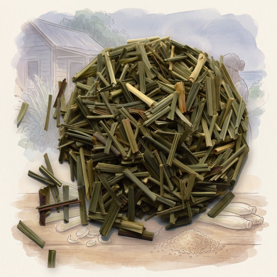 Lemongrass, Organic loose leaf tea, shown over a chalk-and-watercolour illustration