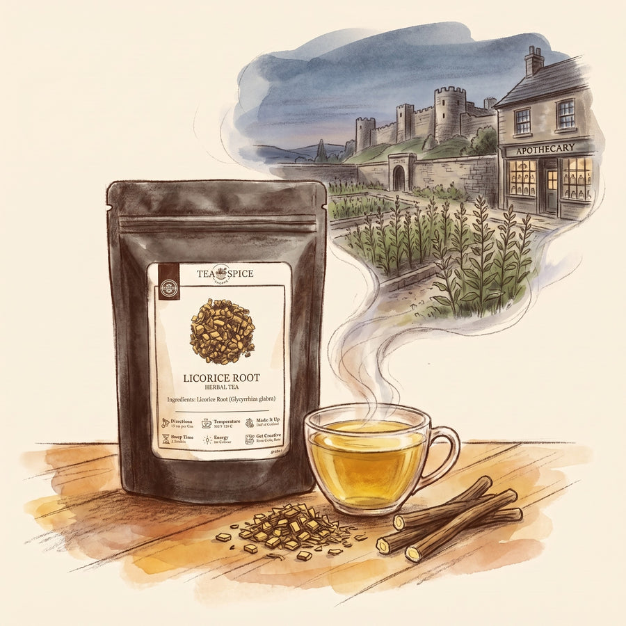 Illustration of Licorice Root, Organic in The Tea & Spice Shoppe pouch, with Pontefract in Yorkshire long ago