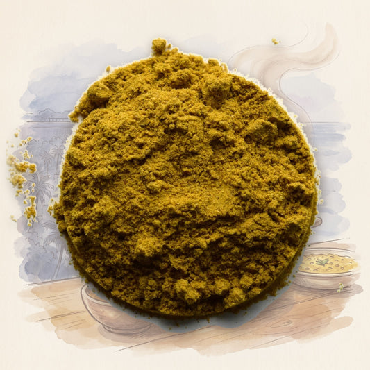 Madras Curry Powder spice, shown over a chalk-and-watercolour illustration