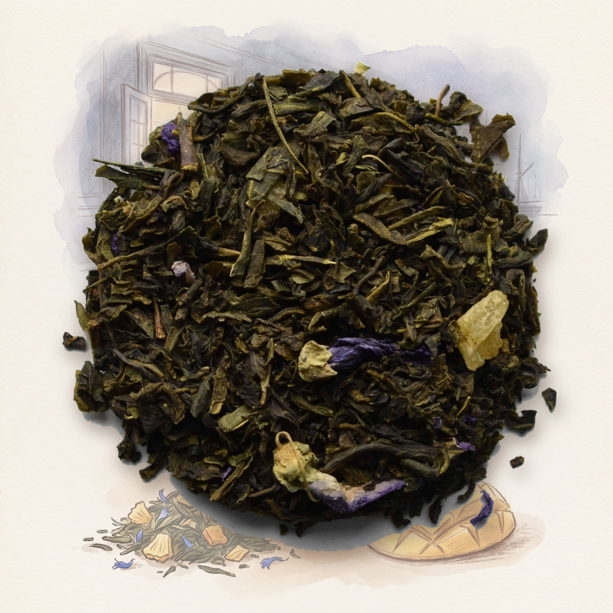 Mango Tango Foxtrot loose leaf tea, shown over a chalk-and-watercolour illustration