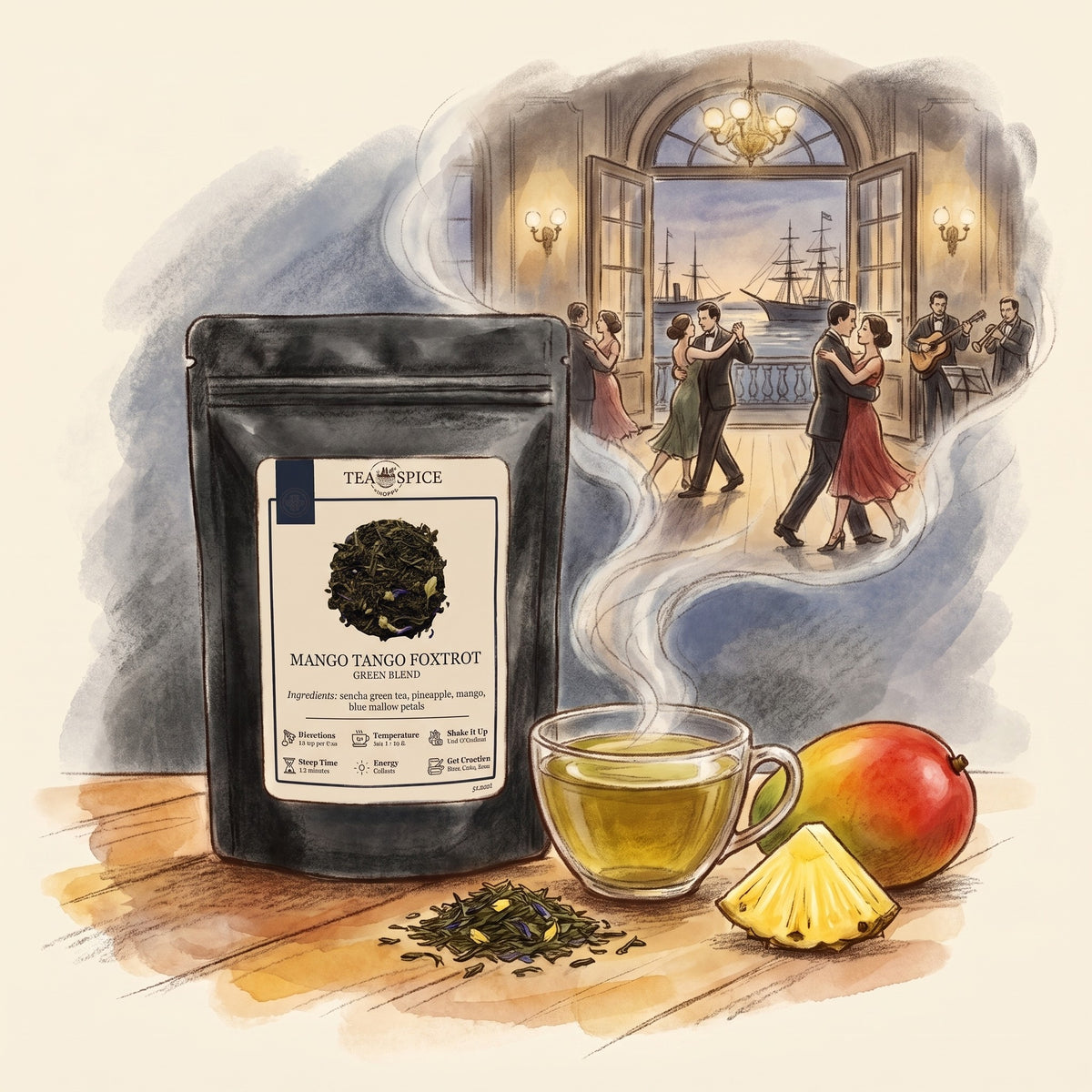 Illustration of Mango Tango Foxtrot in The Tea & Spice Shoppe pouch, with Buenos Aires in the early 1900s, near the old port