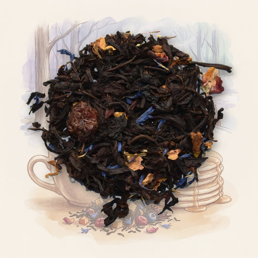 Maple, Eh! Organic loose leaf tea, shown over a chalk-and-watercolour illustration