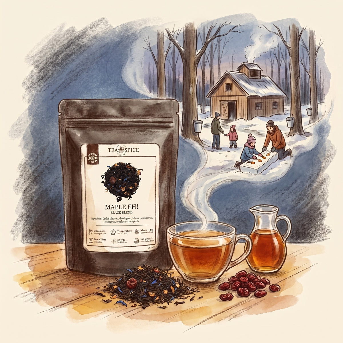 Illustration of Maple, Eh! Organic in The Tea & Spice Shoppe pouch, with a Quebec sugar bush in March