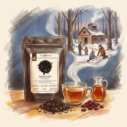 Illustration of Maple, Eh! Organic in The Tea & Spice Shoppe pouch, with a Quebec sugar bush in March