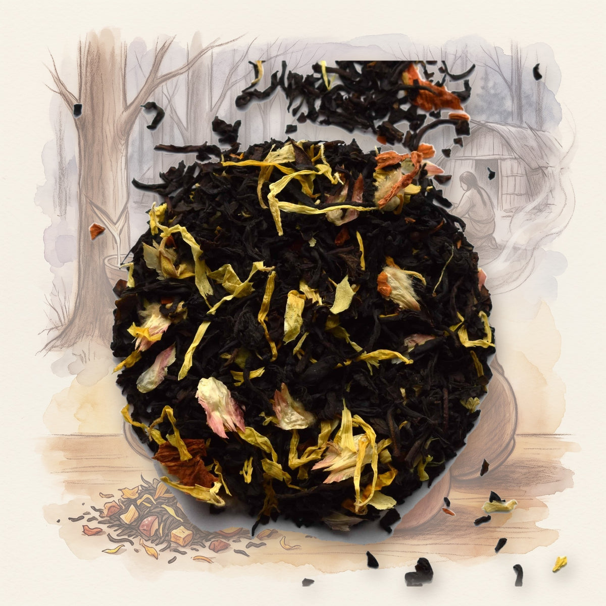 Maple Peach loose leaf tea, shown over a chalk-and-watercolour illustration