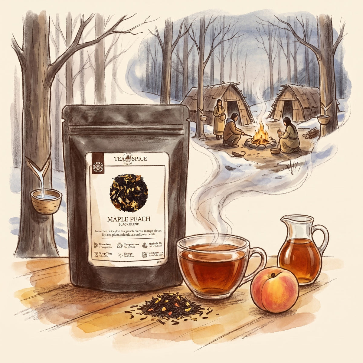 Illustration of Maple Peach in The Tea & Spice Shoppe pouch, with a maple forest of the Eastern Woodlands in early spring long ago