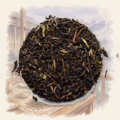 Margaret's Hope Estate, 2nd Flush (Darjeeling) loose leaf tea, shown over a chalk-and-watercolour illustration
