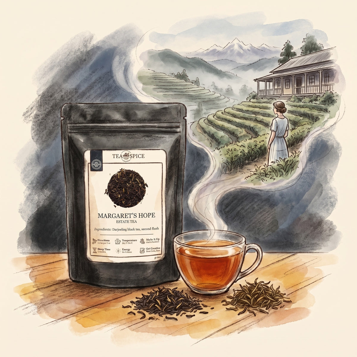 Illustration of Margaret's Hope Estate, 2nd Flush (Darjeeling) in The Tea & Spice Shoppe pouch, with the Margaret's Hope tea garden at Kurseong in the Darjeeling hills in the 1920s