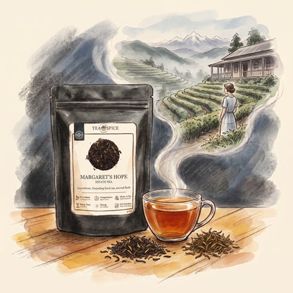 Illustration of Margaret's Hope Estate, 2nd Flush (Darjeeling) in The Tea & Spice Shoppe pouch, with the Margaret's Hope tea garden at Kurseong in the Darjeeling hills in the 1920s