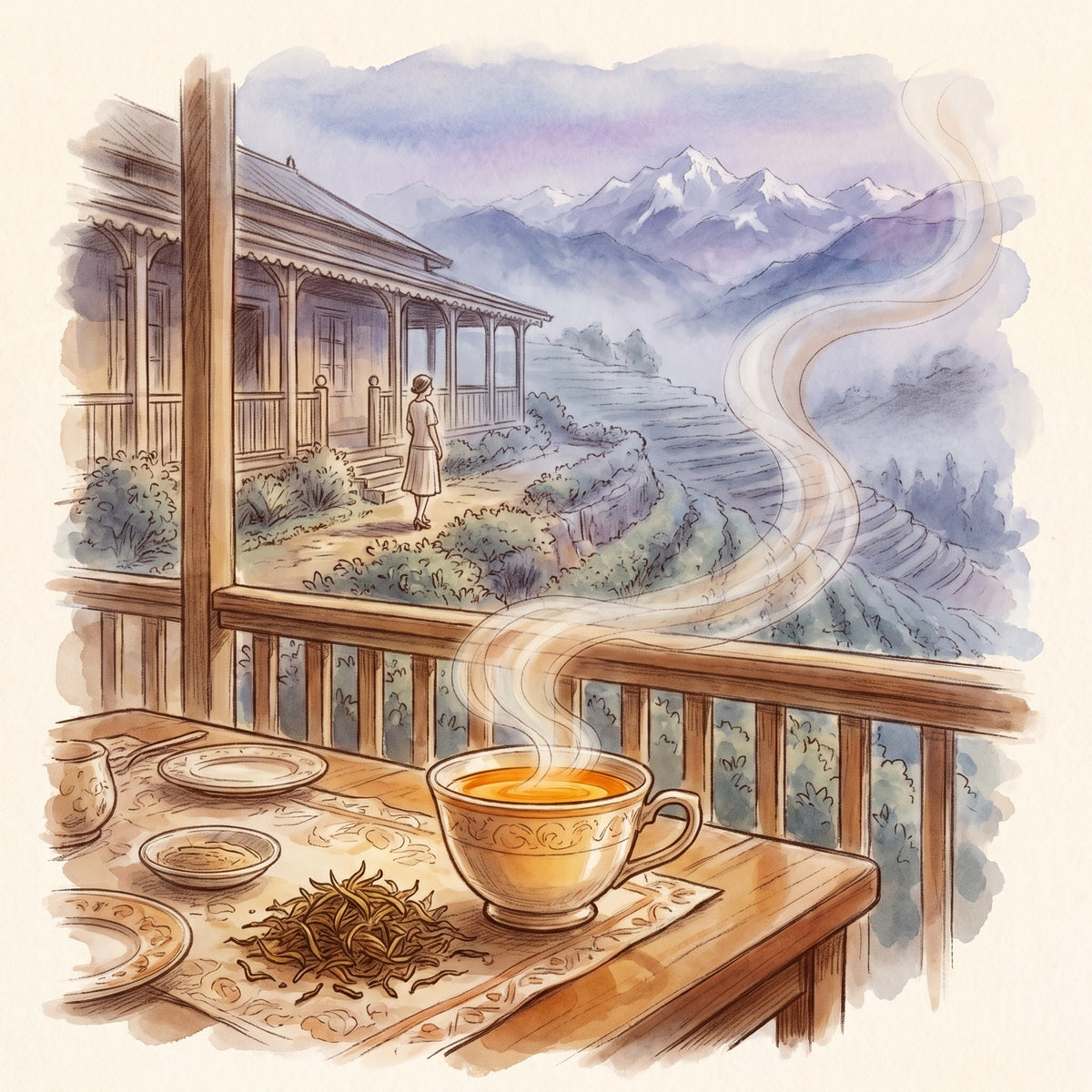 Illustration: Margaret's Hope Estate, 2nd Flush (Darjeeling) with the Margaret's Hope tea garden at Kurseong in the Darjeeling hills in the 1920s