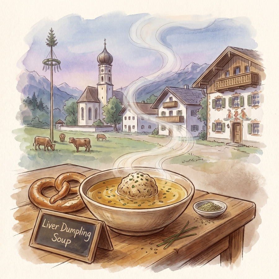 Illustration: Liver Dumpling Soup, made with Marjoram Leaf