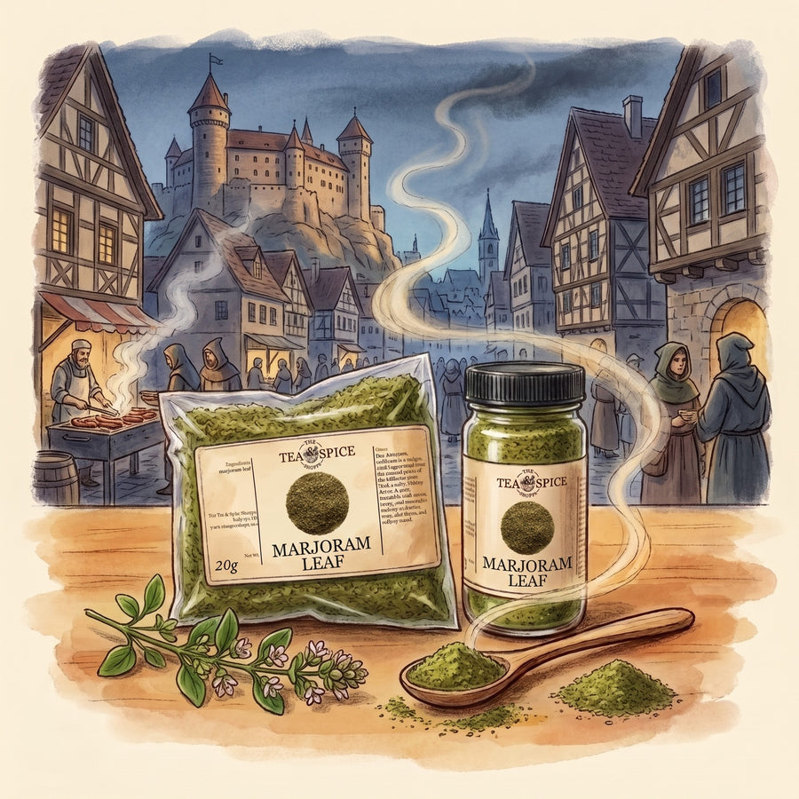 Illustration of Marjoram Leaf, Ground in The Tea & Spice Shoppe bag and jar, with Nuremberg in the 14th century