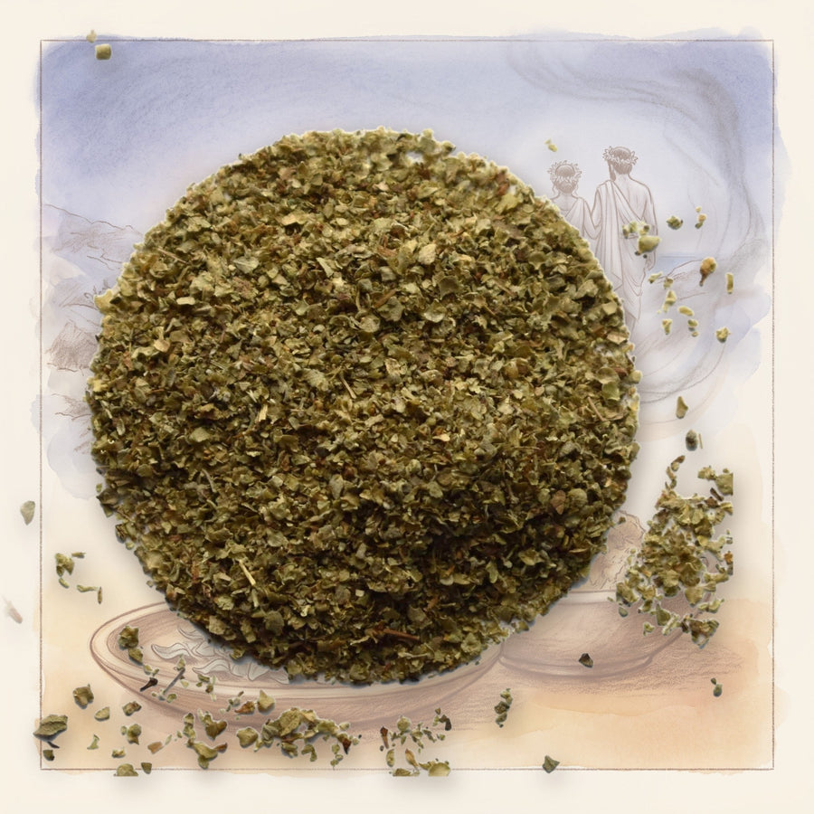 Marjoram Leaf, Whole spice, shown over a chalk-and-watercolour illustration