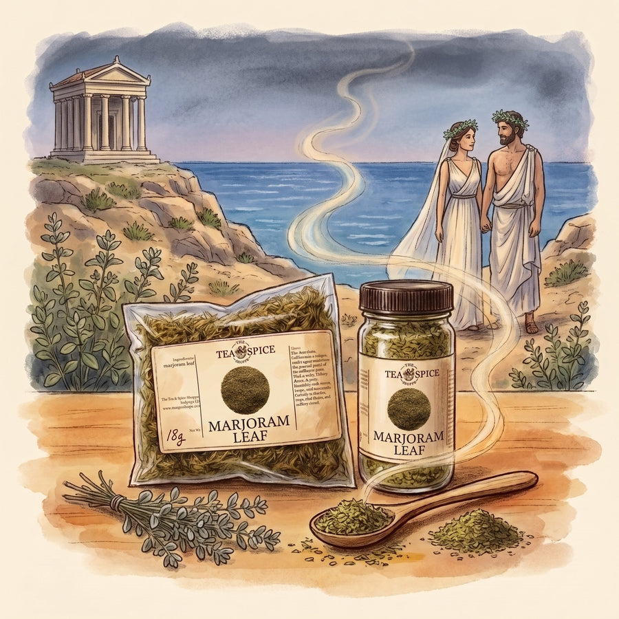 Illustration of Marjoram Leaf, Whole in The Tea & Spice Shoppe bag and jar, with a rocky hillside on Cyprus in ancient times