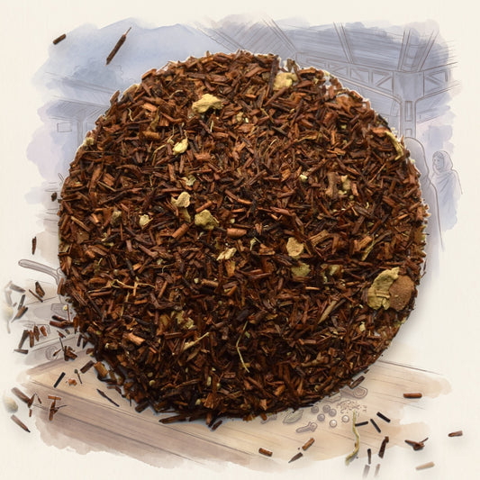 Masala Chai loose leaf tea, shown over a chalk-and-watercolour illustration