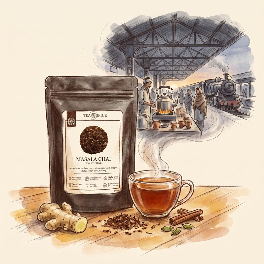 Illustration of Masala Chai in The Tea & Spice Shoppe pouch, with an Indian railway platform at dawn