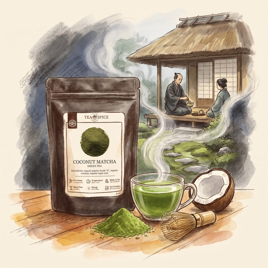 Illustration of Coconut Matcha, Organic in The Tea & Spice Shoppe pouch, with a Kyoto tea room of the 1580s