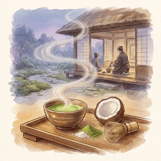 Illustration: Coconut Matcha, Organic with a Kyoto tea room of the 1580s