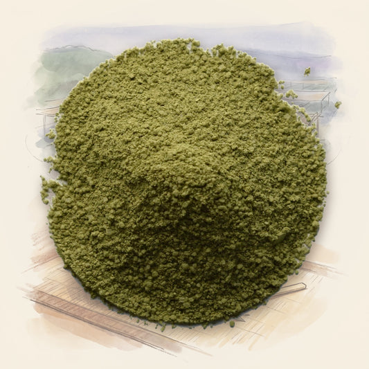 Matcha, Organic loose leaf tea, shown over a chalk-and-watercolour illustration