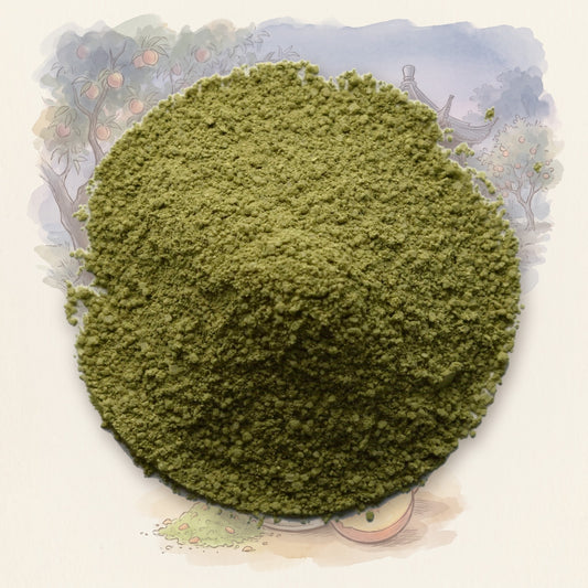 Peach Matcha, Organic loose leaf tea, shown over a chalk-and-watercolour illustration