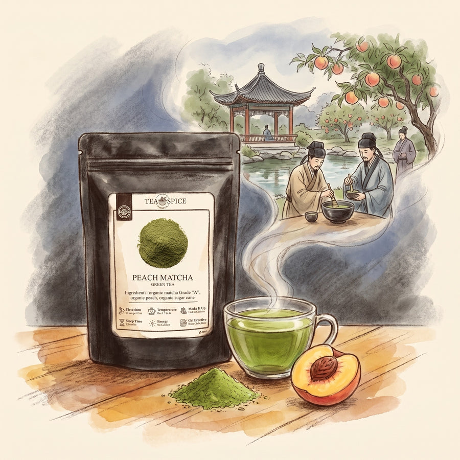 Illustration of Peach Matcha, Organic in The Tea & Spice Shoppe pouch, with a Song-dynasty garden in China