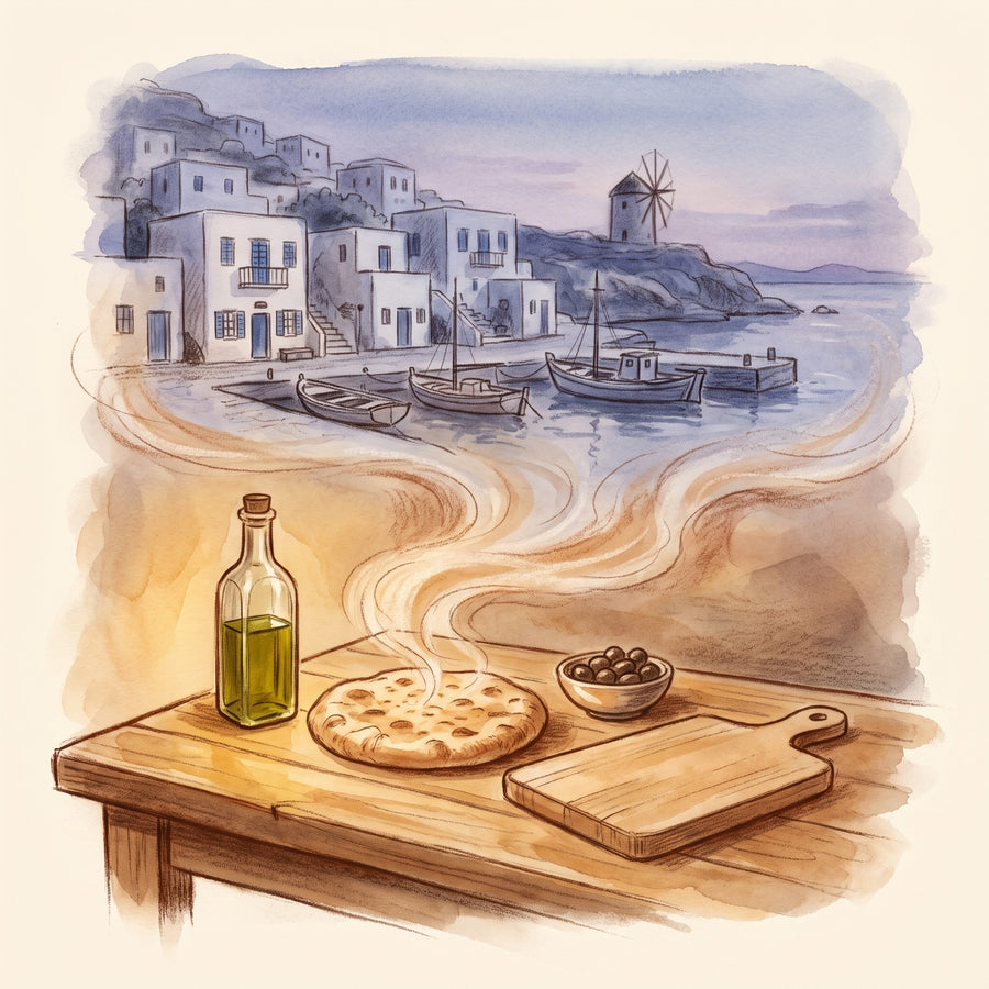 Illustration: Mediterranean Spice Set: 5 Herbs, Spices & Blends, olive oil and flatbread, a Greek island harbour beyond