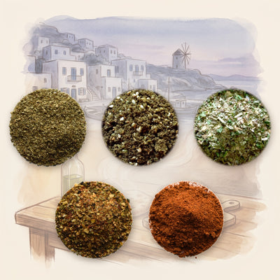 Mediterranean Spice Set: 5 Herbs, Spices & Blends: Marjoram Leaf, Za'atar, Greek Seasoning, Mediterranean Spice Blend and Harissa, shown over a chalk-and-watercolour illustration