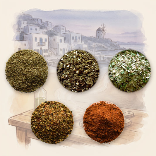 Mediterranean Spice Set: 5 Herbs, Spices & Blends: Marjoram Leaf, Za'atar, Greek Seasoning, Mediterranean Spice Blend and Harissa, shown over a chalk-and-watercolour illustration