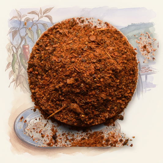 Merkén Chile Blend spice, shown over a chalk-and-watercolour illustration