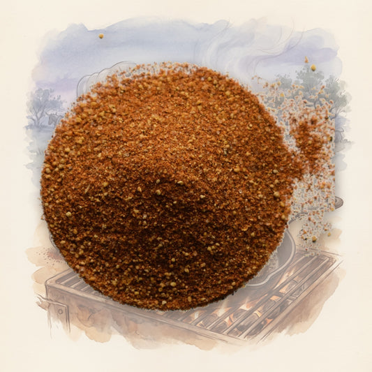 Mesquite Blend spice, shown over a chalk-and-watercolour illustration
