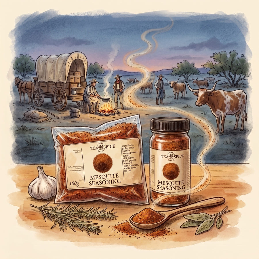 Illustration of Mesquite Blend in The Tea & Spice Shoppe bag and jar, with a cattle-drive camp in the Texas Panhandle in the 1870s