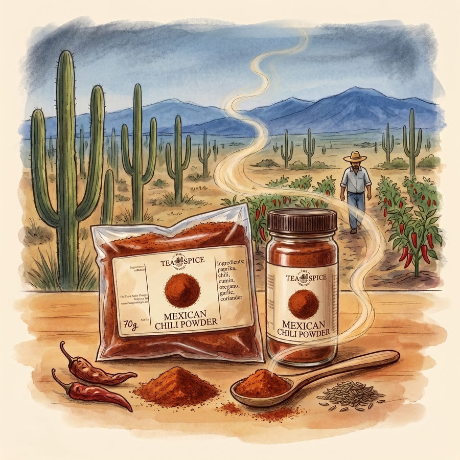 Illustration of Mexican Chili Powder in The Tea & Spice Shoppe bag and jar, with the Tehuacán Valley in central-east Mexico
