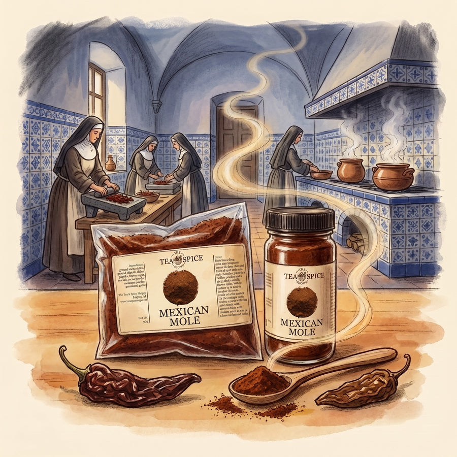 Illustration of Mexican Mole Blend in The Tea & Spice Shoppe bag and jar, with a convent kitchen in colonial Puebla, as the legend tells it