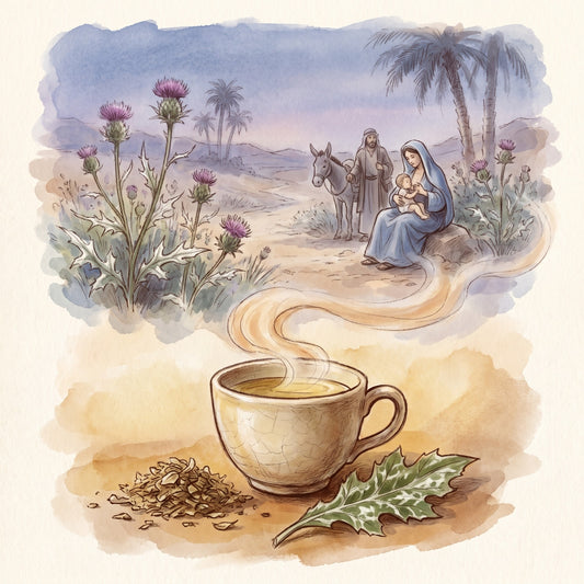 Illustration: Milk Thistle with a sunny hillside on the road into Egypt, as the old legend tells it