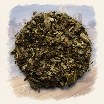Milk Thistle Seed, Organic loose leaf tea, shown over a chalk-and-watercolour illustration