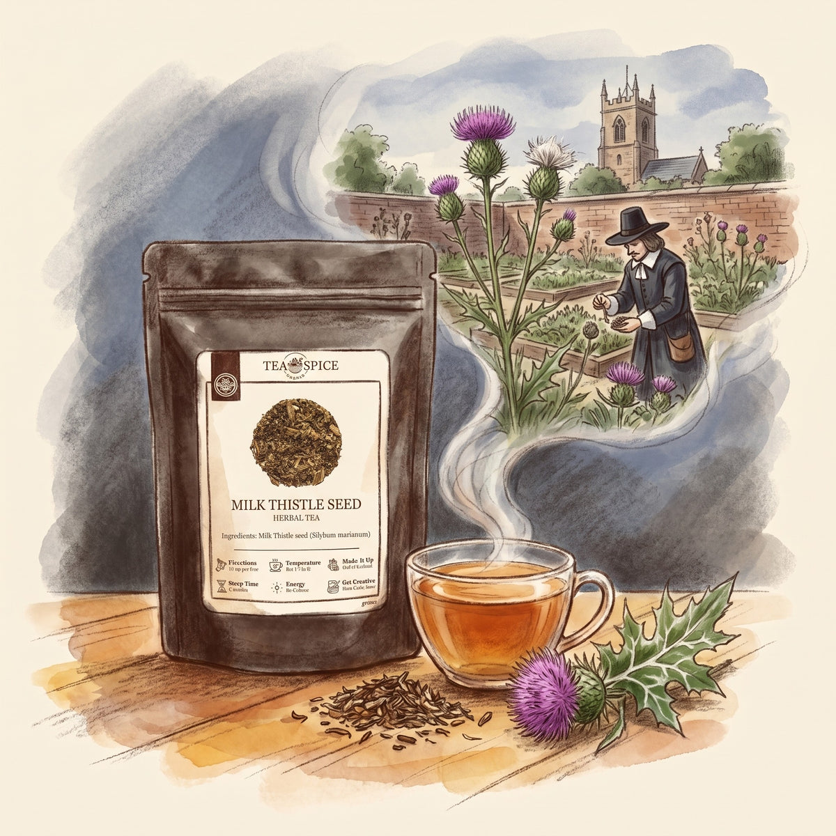 Illustration of Milk Thistle Seed, Organic in The Tea & Spice Shoppe pouch, with an English physic garden of the 1650s