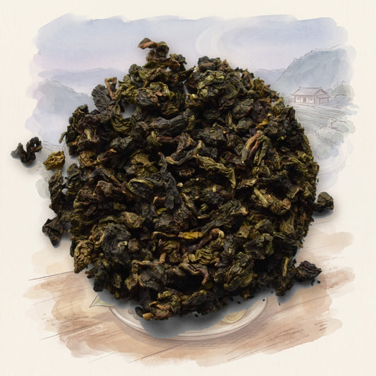 Milky Oolong, Organic loose leaf tea, shown over a chalk-and-watercolour illustration