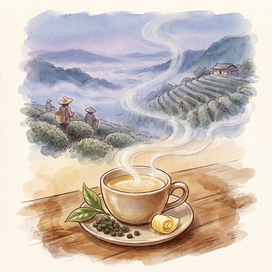 Illustration: Milky Oolong, Organic with the tea mountains of central Taiwan