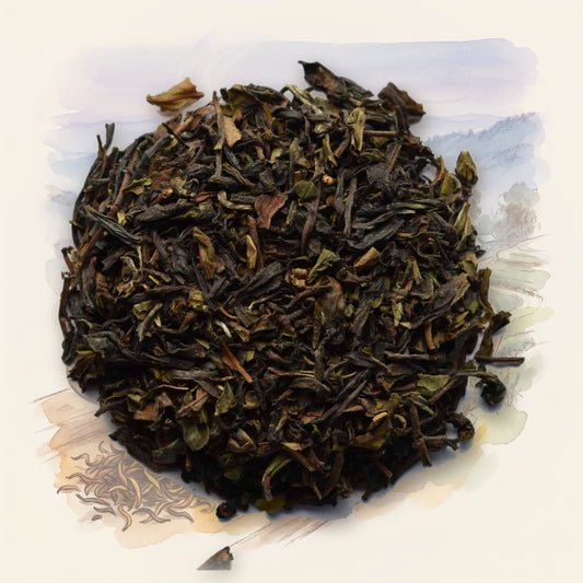 Mim Estate, 2nd Flush (Darjeeling) loose leaf tea, shown over a chalk-and-watercolour illustration