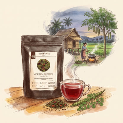 Illustration of Moringa Defence, Organic in The Tea & Spice Shoppe pouch, with a village in the Philippines