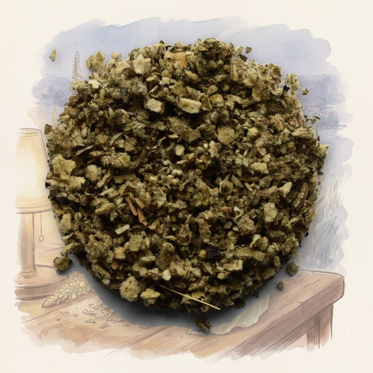 Mullein - Organic loose leaf tea, shown over a chalk-and-watercolour illustration