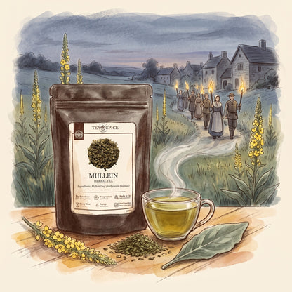Illustration of Mullein - Organic in The Tea & Spice Shoppe pouch, with a late-summer field at dusk in old Europe