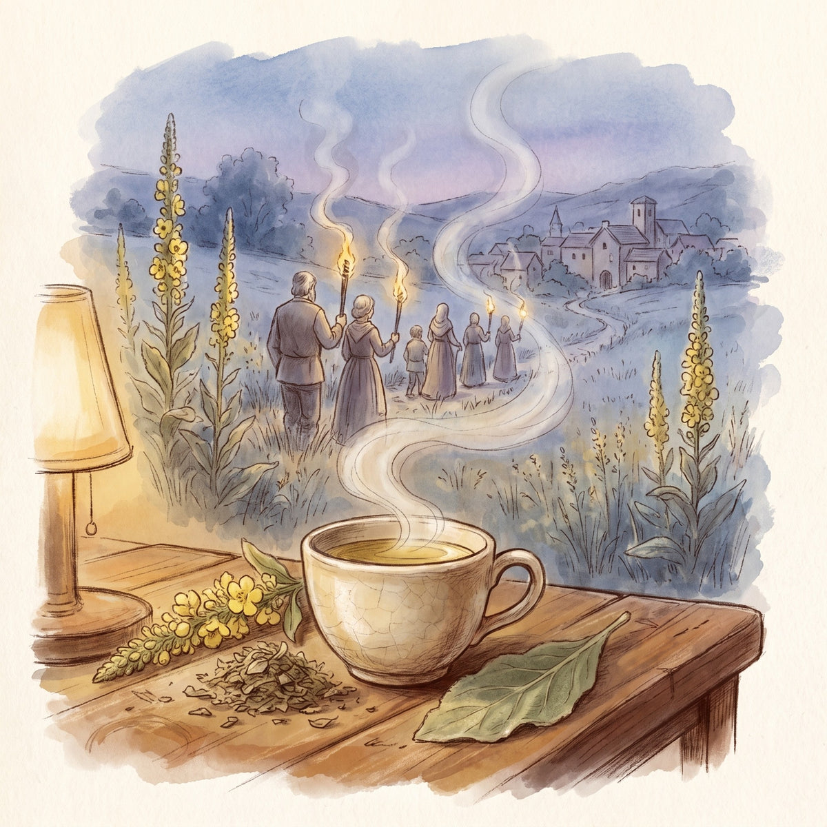 Illustration: Mullein - Organic with a late-summer field at dusk in old Europe